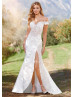 Beaded Ivory Lace Satin Side Slit Wedding Dress With Detachable Train
